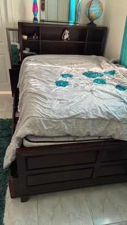 Dark Wood Bed Frame with Bookcase Headboard