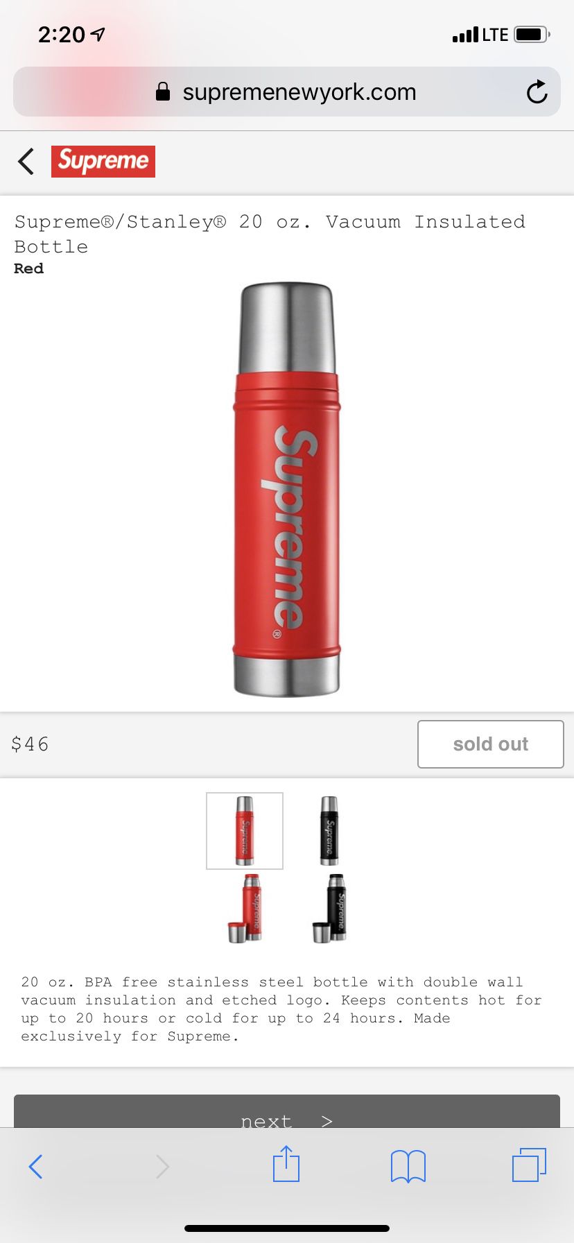 Supreme Stanley 20 oz. Vacuum Insulated Bottle