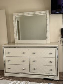 White Glam Vanity Dresser Set w/ LED Mirror