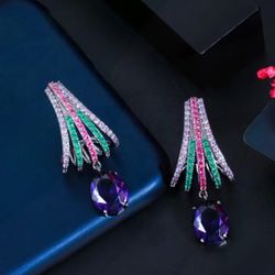 Exquisite Paved Rhodium Plated Purple Multicolor Cubic Zirconia Oval Chandelier Dangle Drop Earrings 