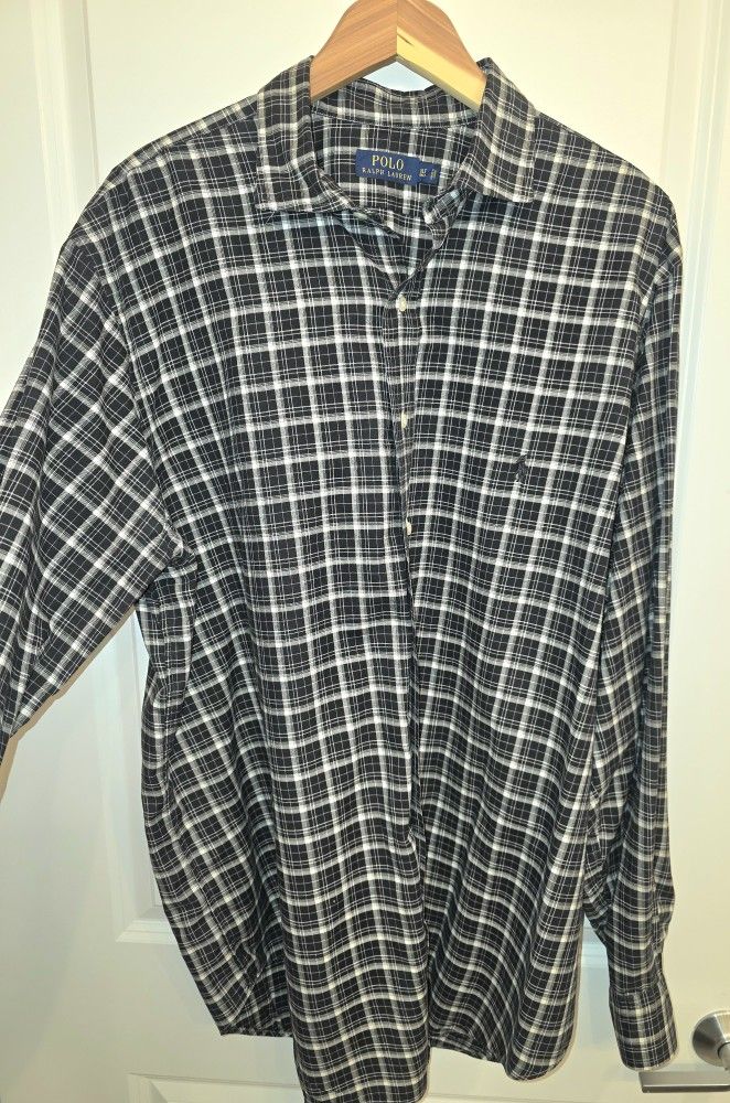 Pre-Owned Polo Ralph Lauren Men's Button-Up Shirt XL Tall Black White Plaid 👕