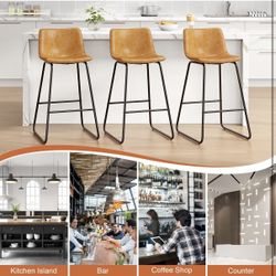 Bar Stools Set of 3, Faux Leather Counter Height Stools, 26" Modern Bar Stools with Metal Legs and Footrest, Urban Armless Counter Chairs with Back fo