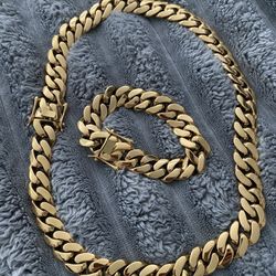 New 18k Yellow Gold Filled Cuban Link Chain And Bracelet Set 