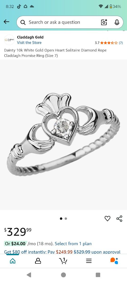 Dantiy 10k White Gold Open Heart Solitaire Diamond Size 7