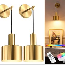 NIORSUN Battery Operated Wall Sconce Set of 2, Gold Wireless Rechargeable Wall Lights with 5200mAh Dimmable Detachable Bulbs and Remote, 9 Colors Scon