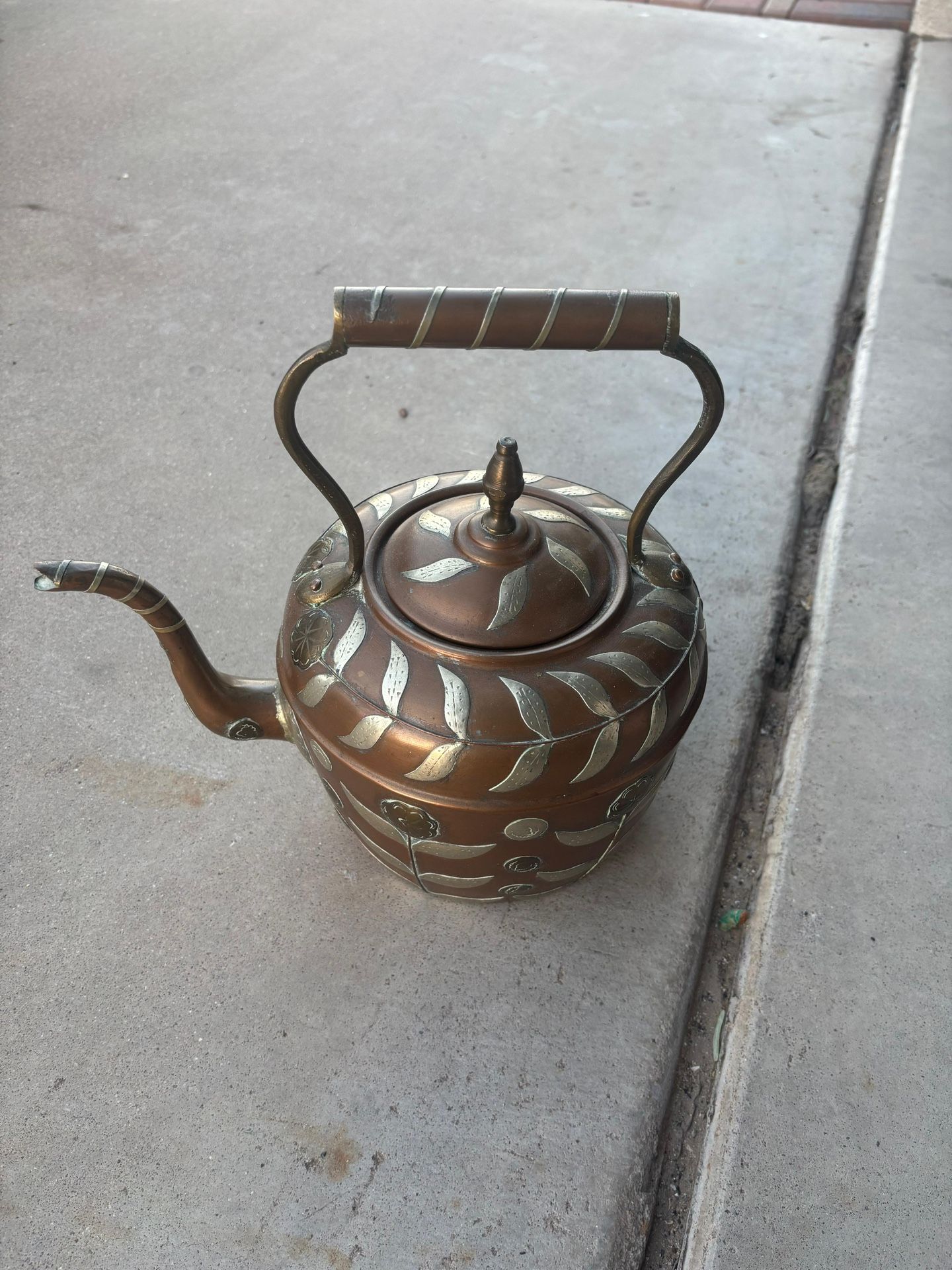 Century Copper Kettle With Brass & Silver Floral Decoration