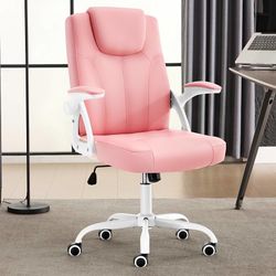 Office Desk Chair, PU Leather Computer Chairs with Padded Flip-Up Arms Executive Office Chair Ergonomic Desk Chair 360° Swivel Rolling Chair Comfy Pad