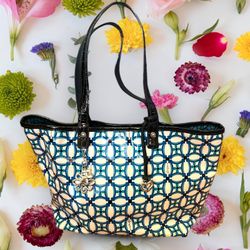 Brighton shoulder Handbag leather blue & white Floral E114994 Polkadot Interior