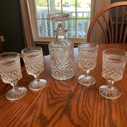 Vintage Clear Wexford Waffle Cordial Wine Glasses with Anchor Hocking And Matching Decanter