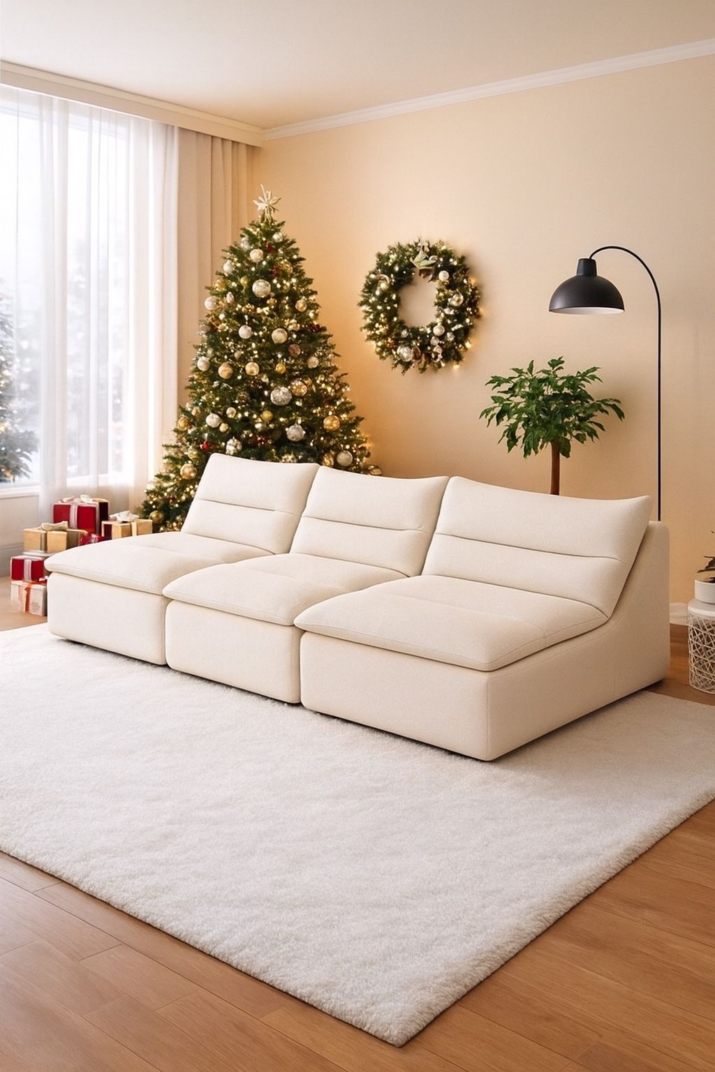 Set Of 3 - 33” (W) Beige / Ivory Chenille High Density Foam Injected  Floor Lounge Chairs / Sectional Sofa [NEW IN BOX] <NO Assembly Required> 