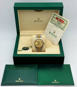 1985 Rolex Datejust 16013 36mm 18k yellow gold & stainless steel jubilee bracelet factory champagne dial 18k fluted bezel watch box tag papers FULL SE