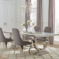 5-PIECE RECTANGULAR GLASS TOP DINING TABLE SET GREY- FINANCE AVAILABLE