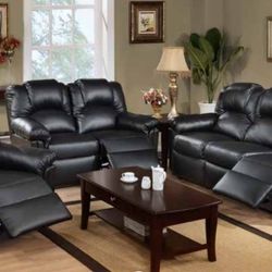 Brand New Black  Leather 3pc Motion Reclining Sofa Set 