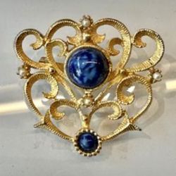 Vintage Victorian Brooch Gold Tone with blues stones  1 3/4” inch
