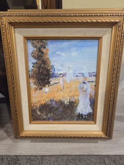 "Framed Claude Monet 'La Promenade' Canvas Print - Large Ornate Gold Wood Frame