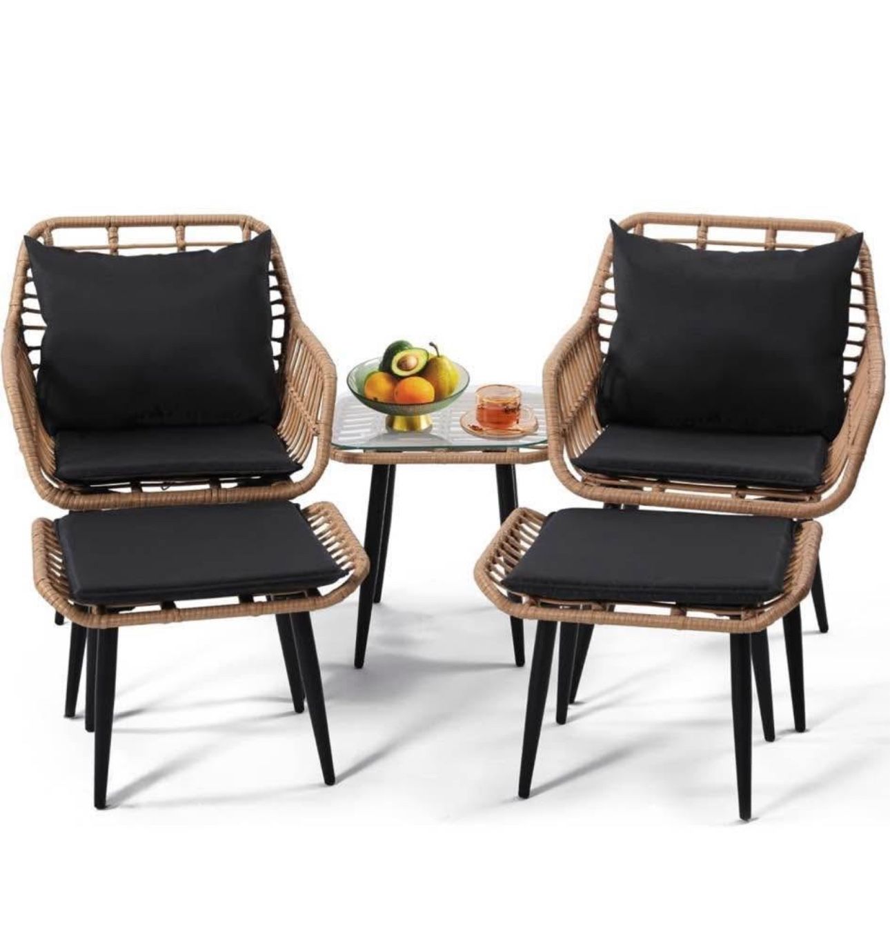 New in box 5 Piece Wicker Bistro Patio Conversation Furniture Set, Includes 2 Chairs, 2 Ottomans, an