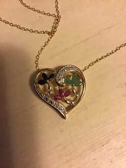 Gold Plated Heart Pendant/Necklace. Genuine Gemstones. Measures approx. 1” x 1”