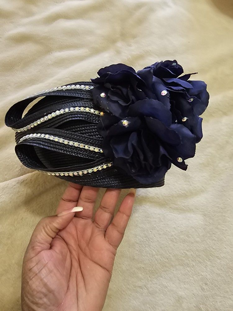 Navy Straw Church Hat With Rhinestone Detail