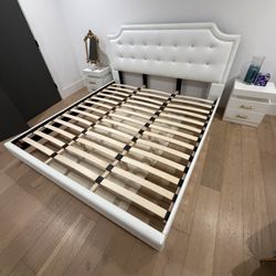 King Upholstered Platform Bed Frame – Crystal Tufted Headboard – White