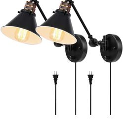 Plug in Wall Sconces Set of 2, PARTPHONER Swing Arm Wall Lamp with Dimmable On Off Switch, Metal Black Vintage Industrial Wall Mounted Lighting Readin