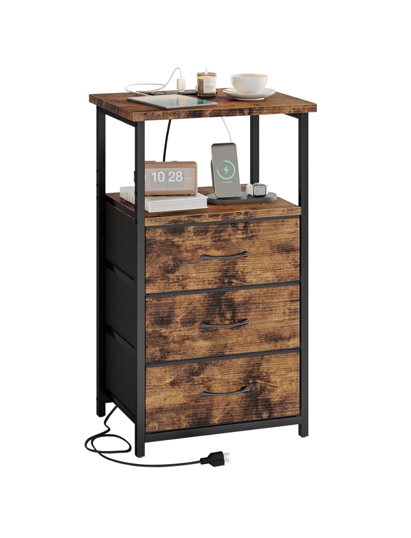 Rustic Brown Night Stand with Charging Station, LED, USB Ports, Outlets & 3 Fabric Storage Drawers