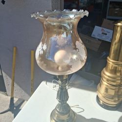 Hurricane Table Lamp With Flowrrs And Brass Base