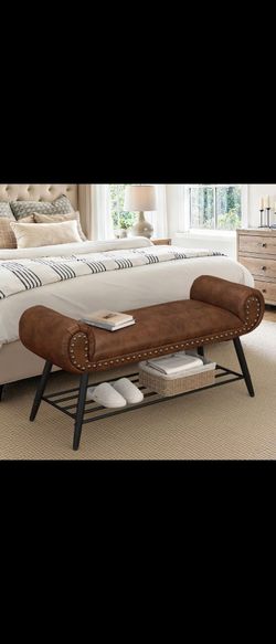 Modern Brown Leather 45 inch Upholstered Shoe Bench Ottoman