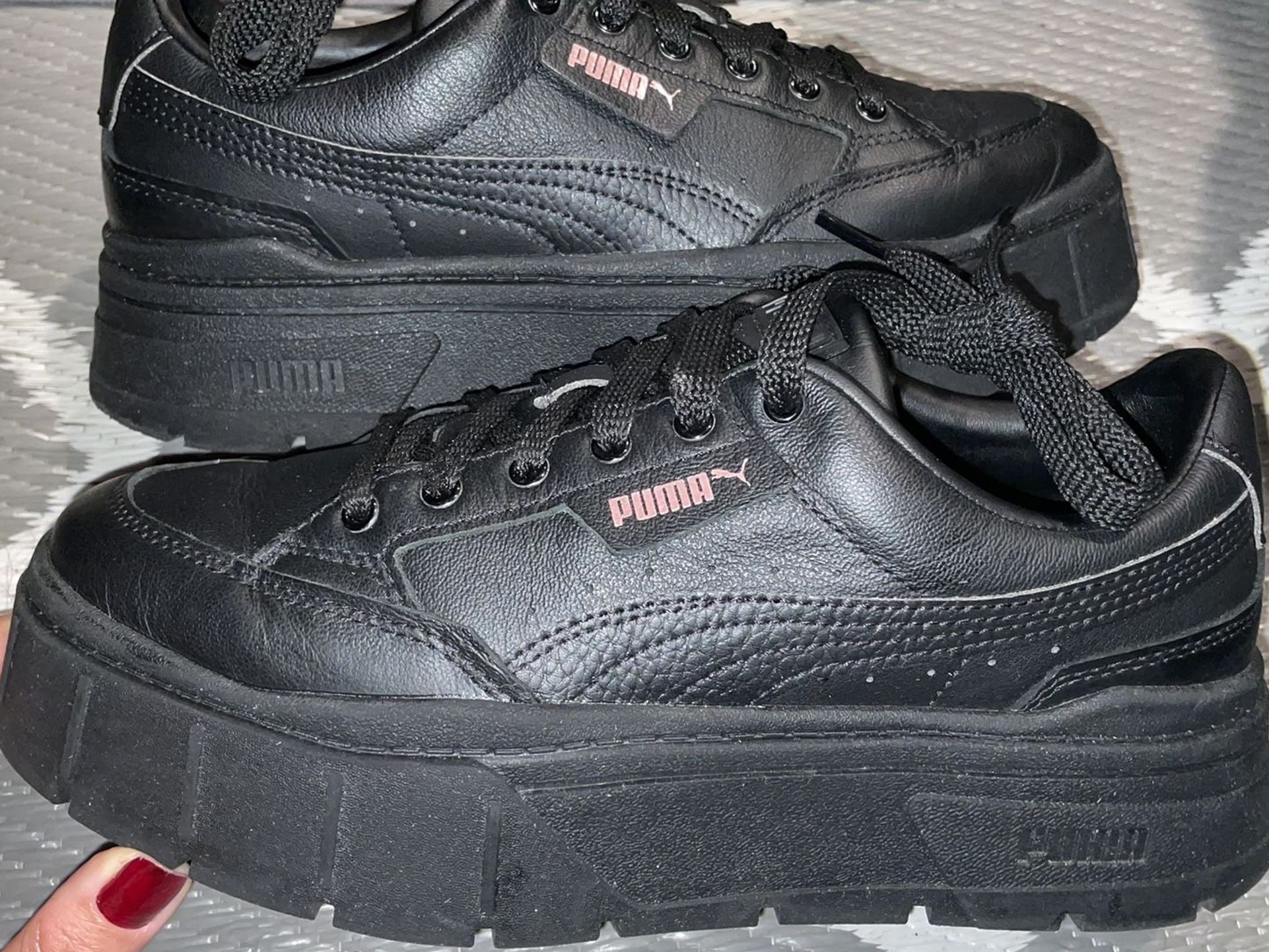 PUMA Black Leather Mayze Unisex Platform Sneakers $45