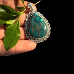 Tibetan Turquoise Pendant - 26ctGemstone, 925 Sterling Silver
