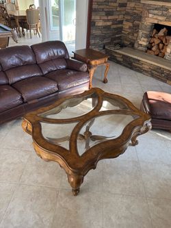 3-Piece Carved Wood Coffee & End Table Set – Glass Top