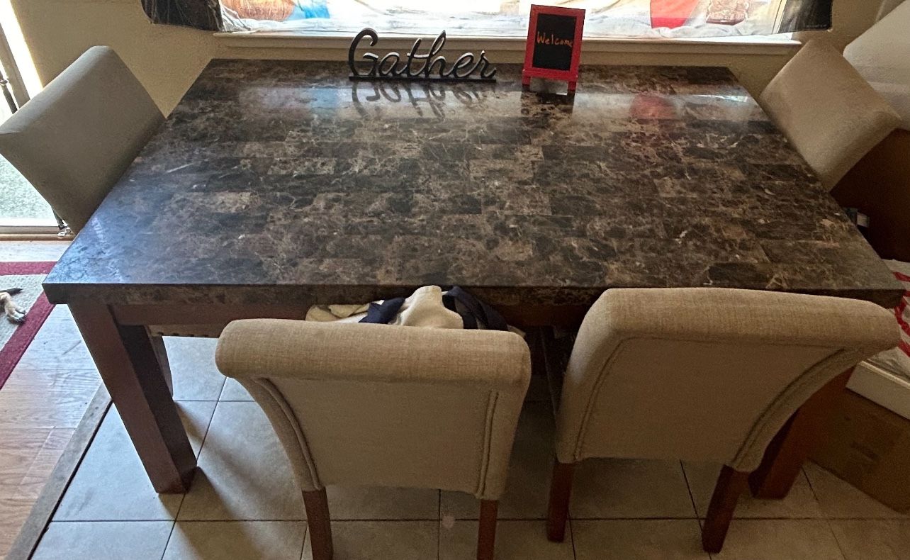 Granite Kitchen Table with 4 chairs and dining bench (fits 2-3 people).