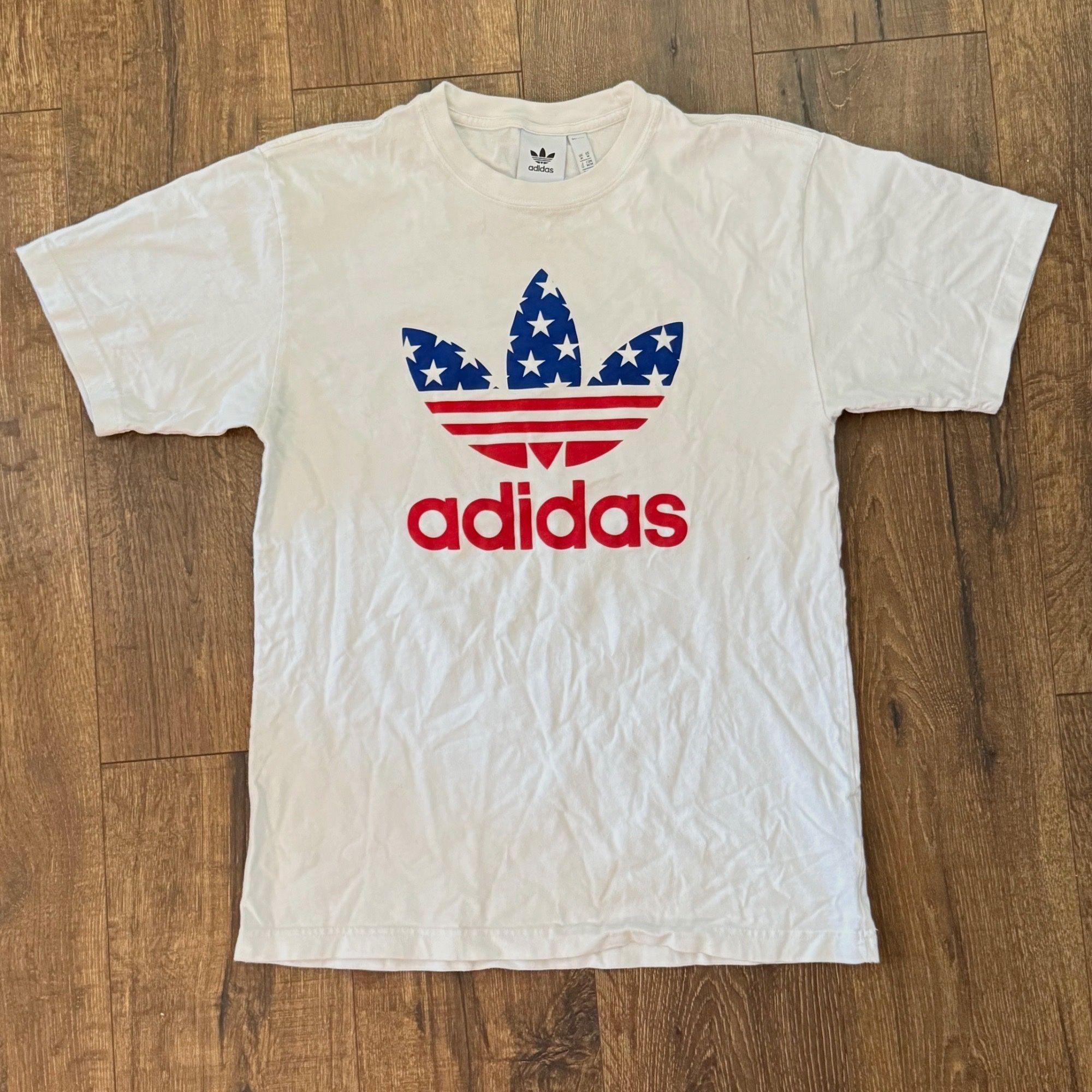 Adidas Patriotic Men's White Red & Blue American Flag Logo Stars & Stripes T-Shirt Size M