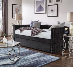 BLACK VELVET UPHOLSTERED DAYBED WITH TRUNDLE