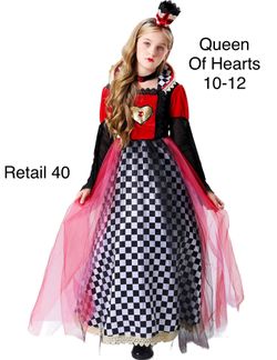 Girls Queen of Hearts Halloween Costume sz 10-12 / Niñas Reina de Corazones Disfraz