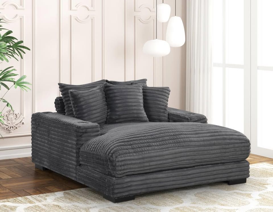 Brand New Brand New Modern Plush Corduroy Chaise Sofa with USB Charger and Cup Holder