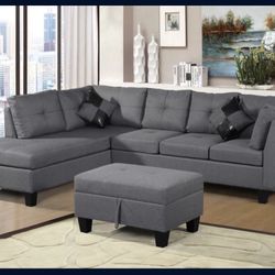 New In The Box 📦 Grey Living Room Sectional With Ottoman - Delivery And Financing Available 