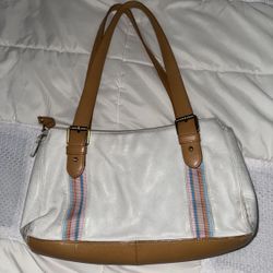White Leather Shoulder Bag with Tan Trim