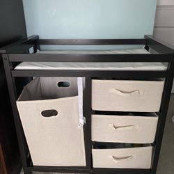 Pre-Assembled Wooden Baby Changing Station With 3 Drawers And Hamper 