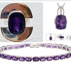 4 Piece Purple Amethyst Jewelry Set in .925 Sterling Silver  (Tennis Bracelet, Ring, Necklace & Pendant