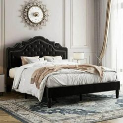Queen Bed Frame, Velvet Tiara Upholstered Diamond Button Tufted Headboard, No Box Spring Needed, Black