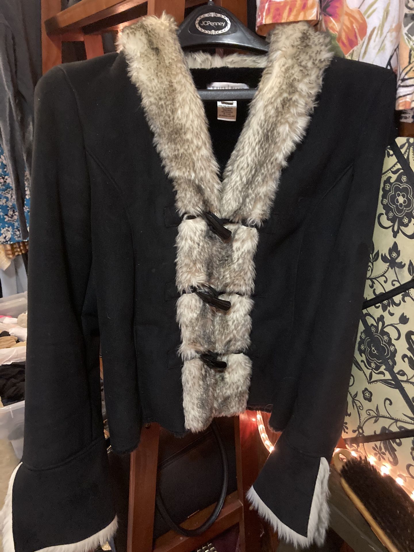 Vegan “Furr” Fuzzy Warm Coat W Faux Bone Toggle Closures