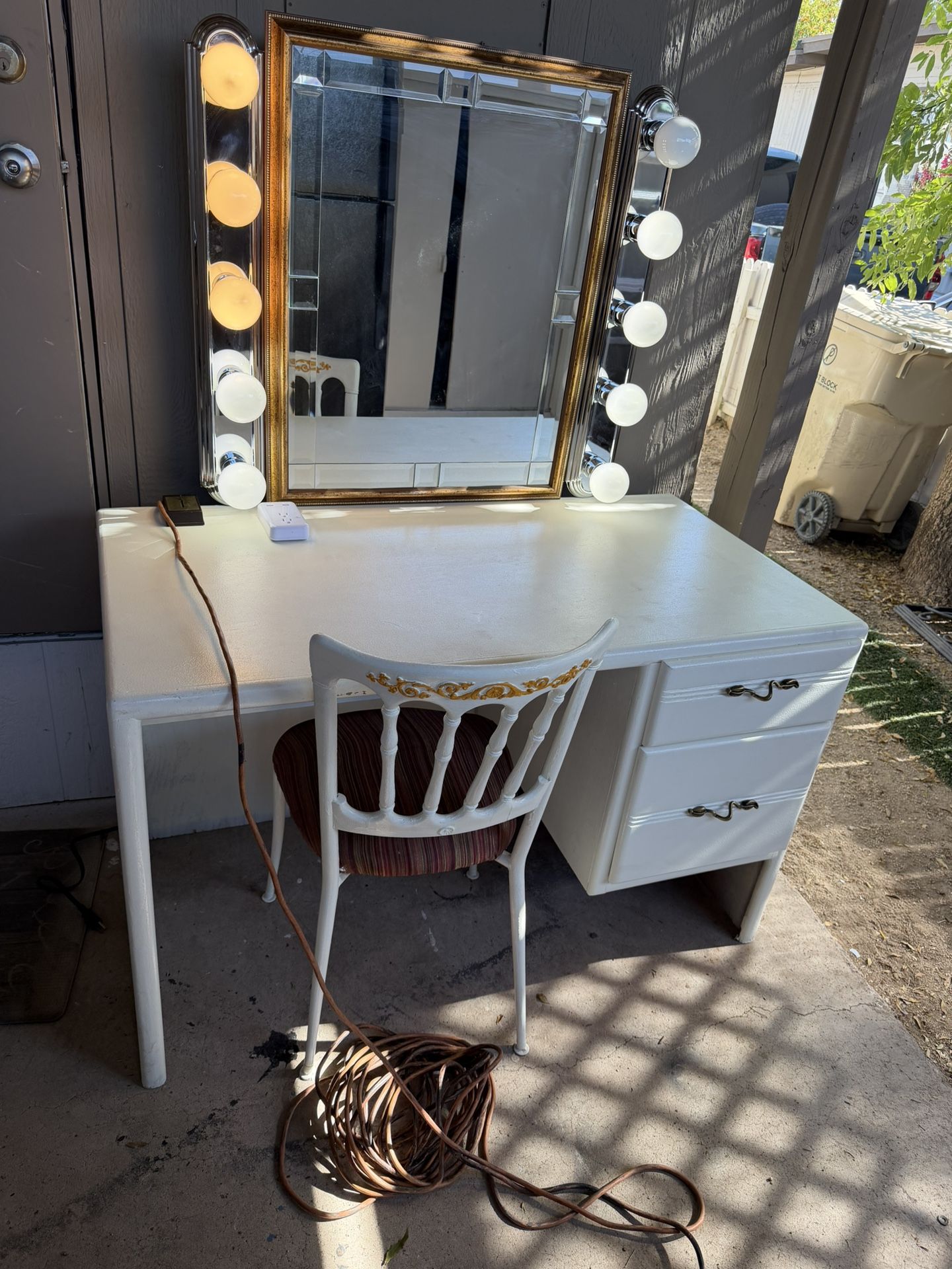 Vanity made out of Solid wood 2 drawers and the chair. Without mirrorWidth 48 depth 25 and height 30