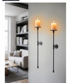 Wall Candle Holder Black: Metal Candle Sconces for Pillar Tapers 24in Long Candlestick Sconce Decor, Modern Wall Mount Candleholders Set of 2
