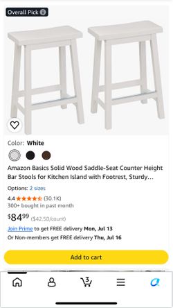 Set of 2 Amazon Basics Solid Wood Saddle-Seat Counter Height Bar Stools for Kitchen Island with Footrest, Sturdy Construction, 24-Inch Height, White, 