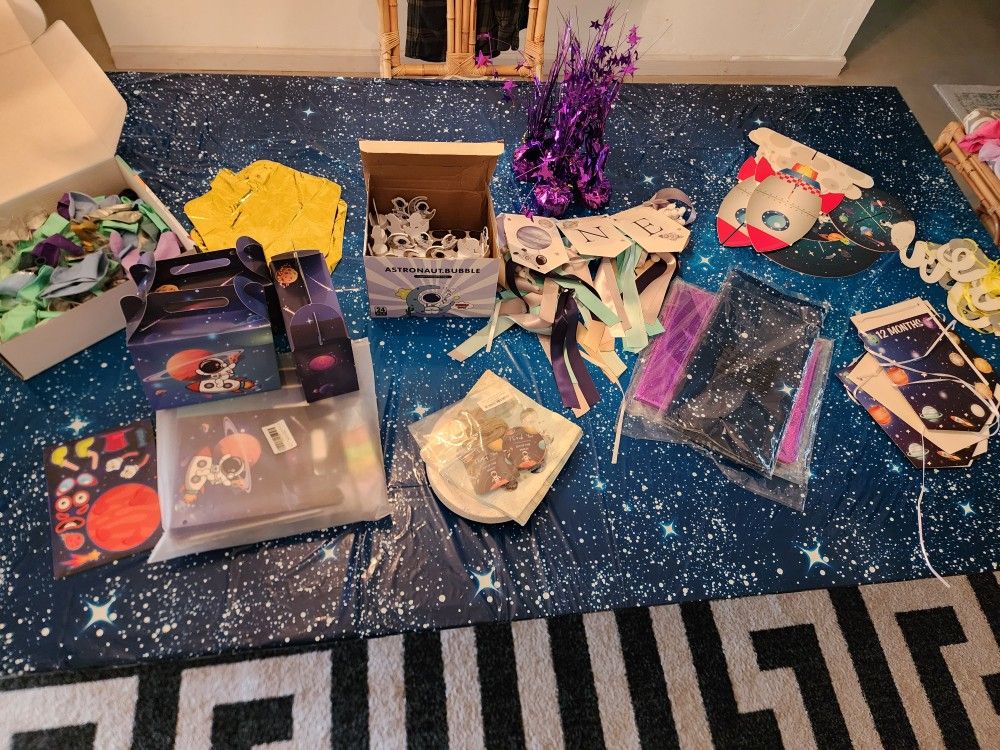 1st birthday supplies;First trip around the sun. Blues and purples