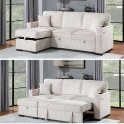 $369.     2-PCConvertible Sectional  Sleeper Sofa W/ Cupholder Sofa Storage & USB Ports  89”x 59”X36”H