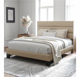 Beige Upholstered Platform Bed Frame