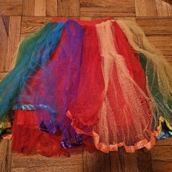 Multicolored tulle skirt.  Red lining.  Rainbow colors.  Great for costume or party.