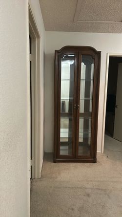 Lighted Curio Cabinet – Glass Shelves, Mirrored Back
