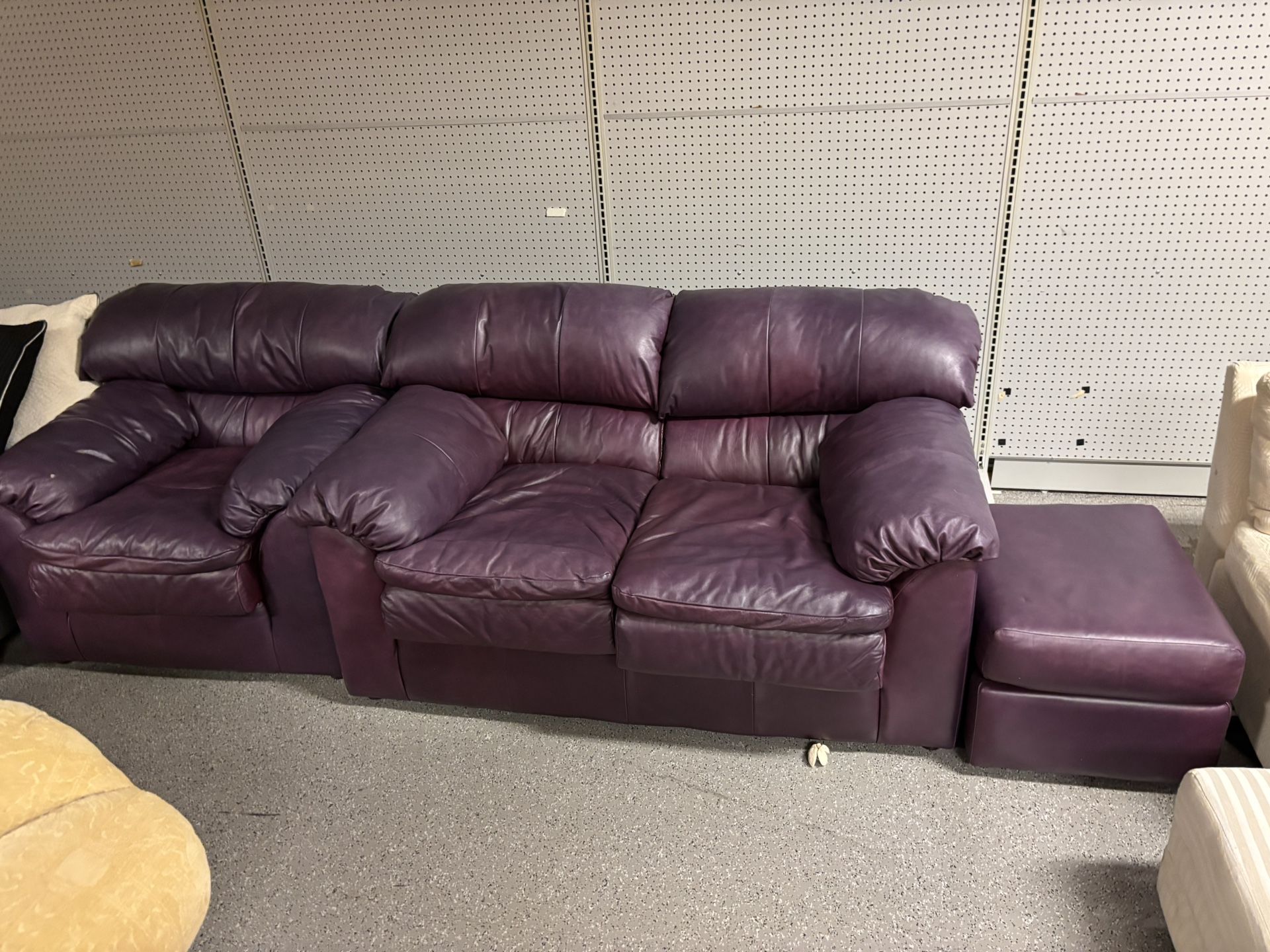 3-Piece Purple Leather Set – Sofa, Chair & Matching Ottoman
